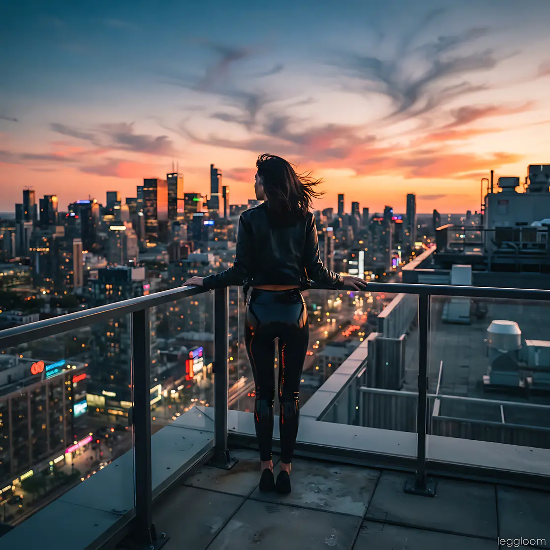 Woman on a balcony above a lit city skyline at sunset.