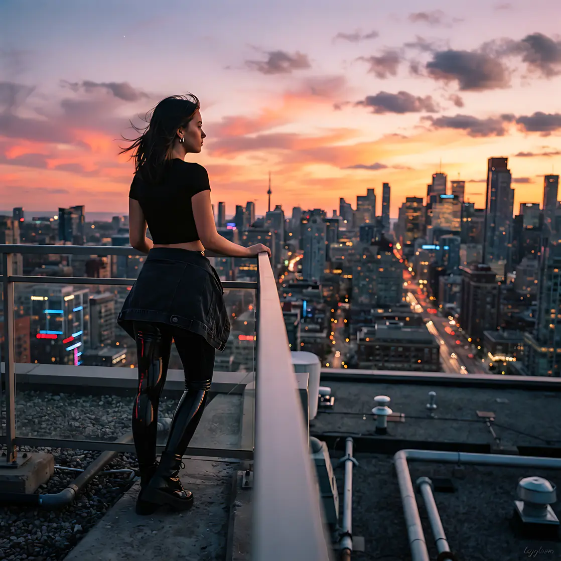 Woman on a rooftop balcony overlooking the city at sunset.