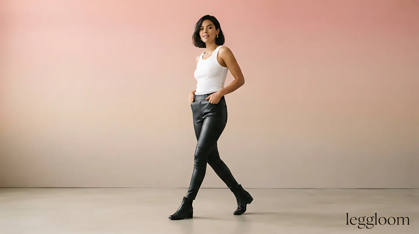 Figure walking in leather leggings on a soft studio background.