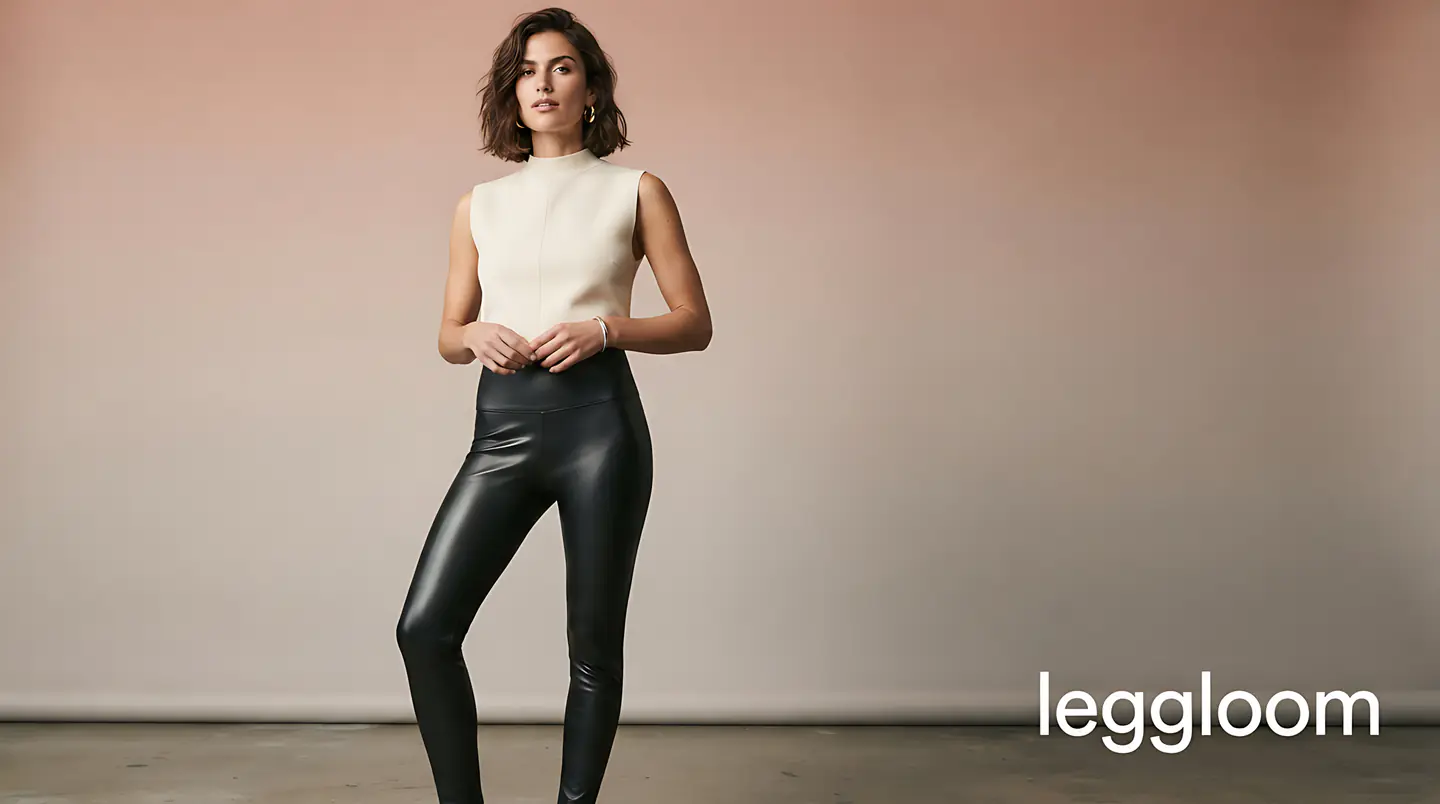 Figure in leather leggings standing on a plain studio ground.