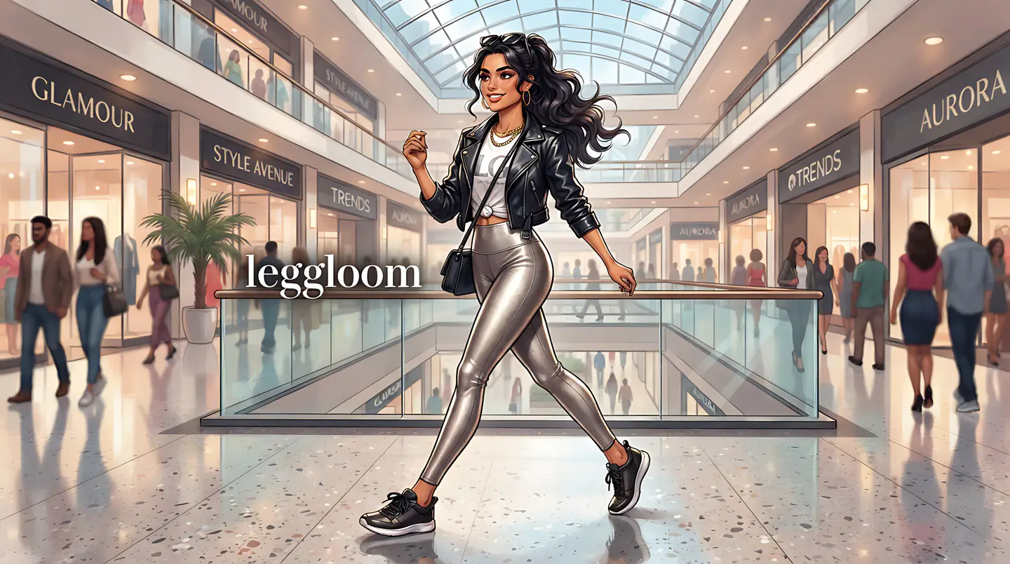 Woman in metallic leggings walking through a bright shopping mall.