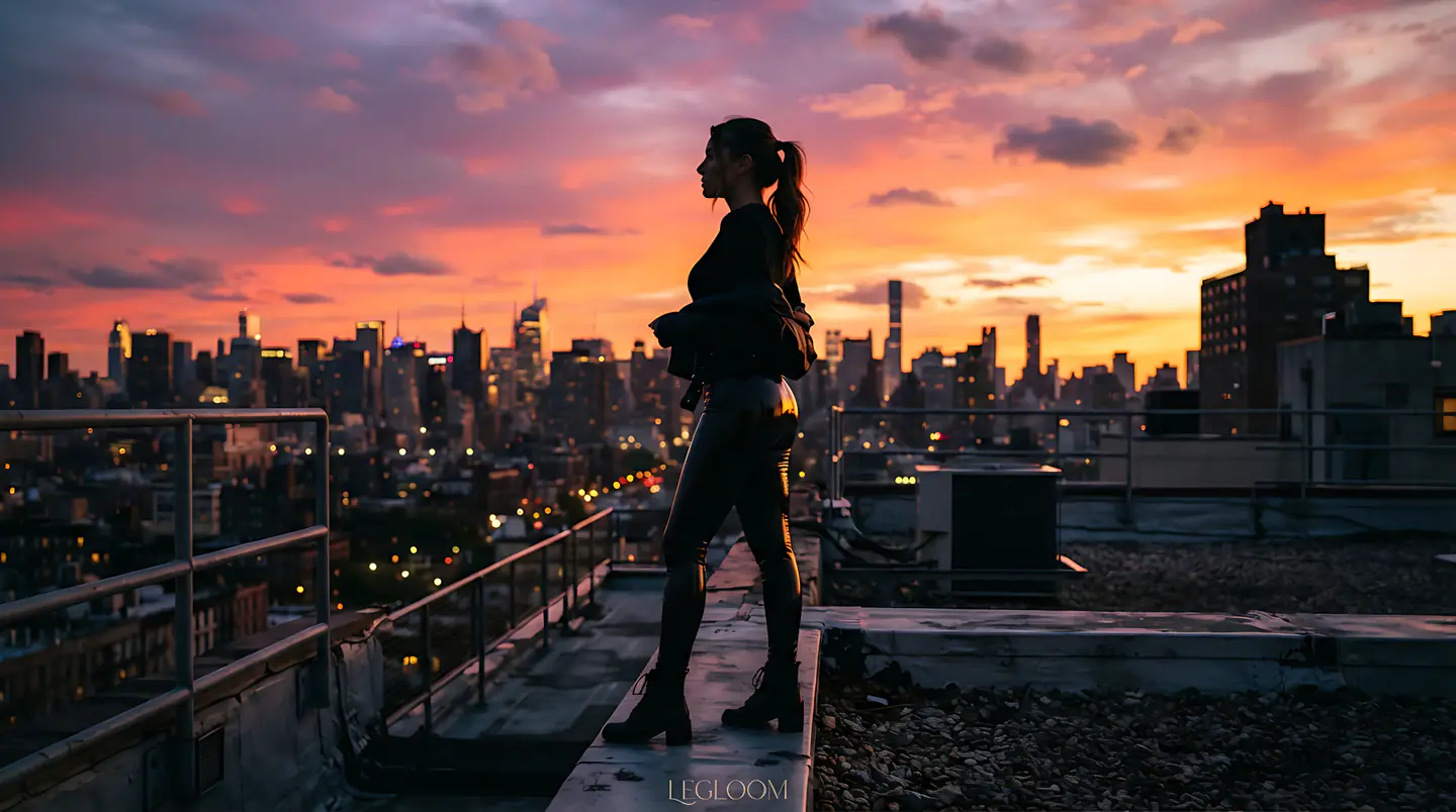 Woman on a rooftop terrace as the sun sets over the skyline.