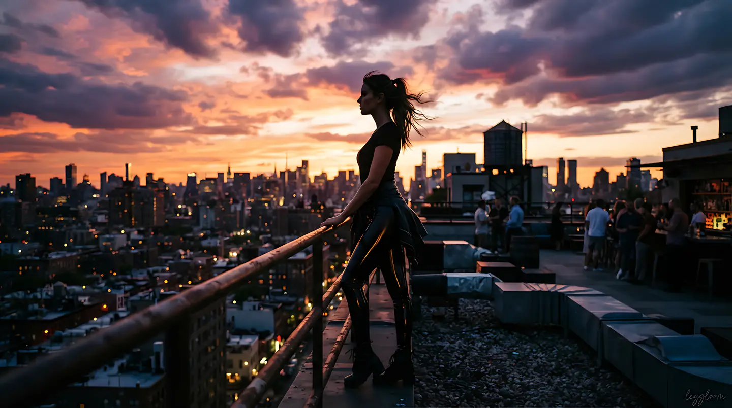Woman on a rooftop at sunset above the city.
