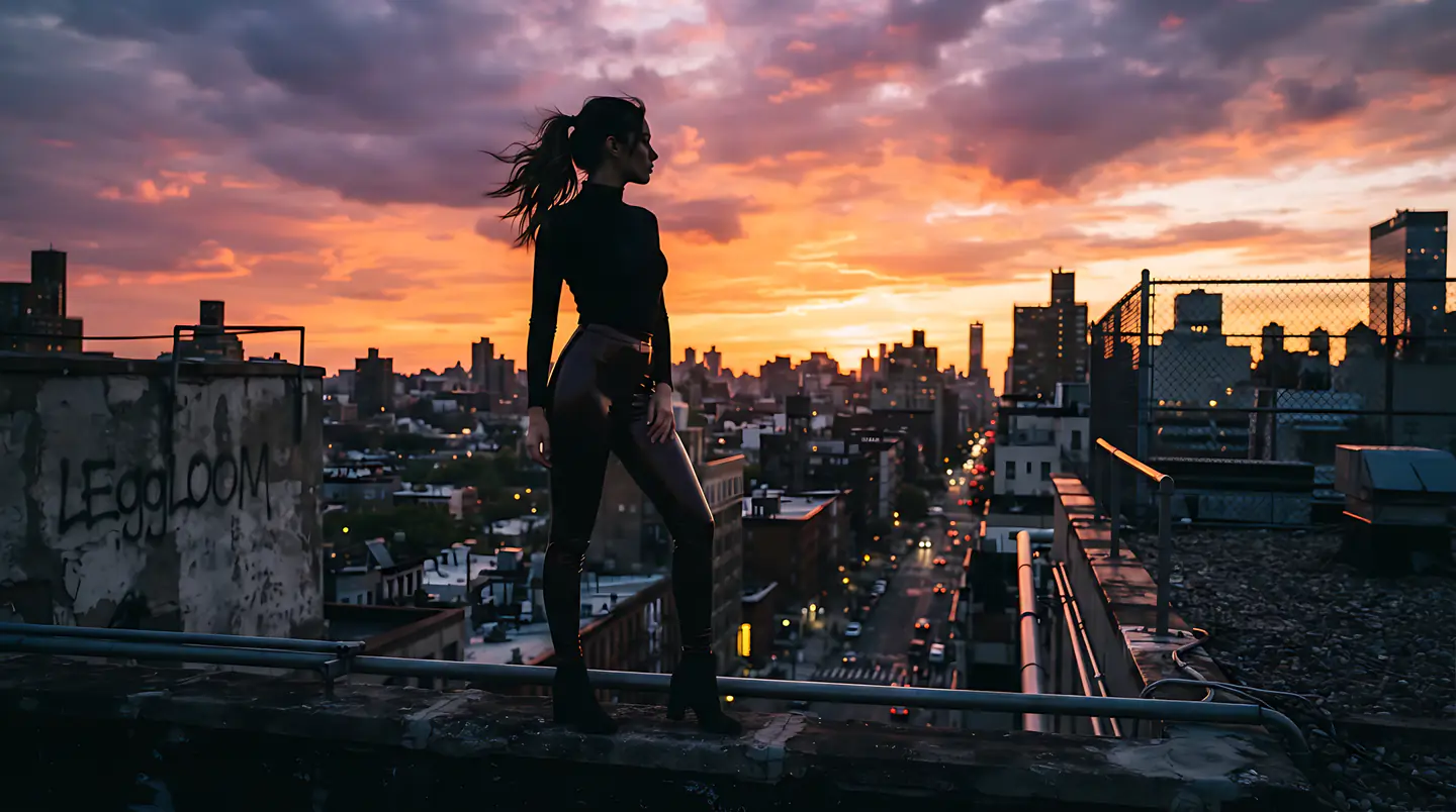 Figure on a rooftop silhouetted against a city skyline at sunset.