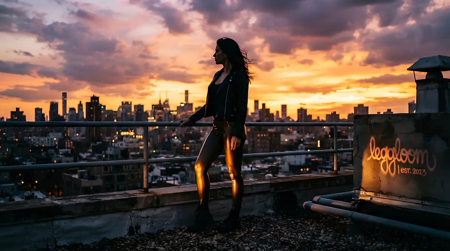 Woman silhouetted on a rooftop against a sunset skyline.