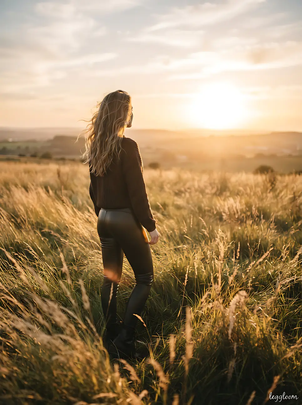 Woman walking through a golden field at dusk.