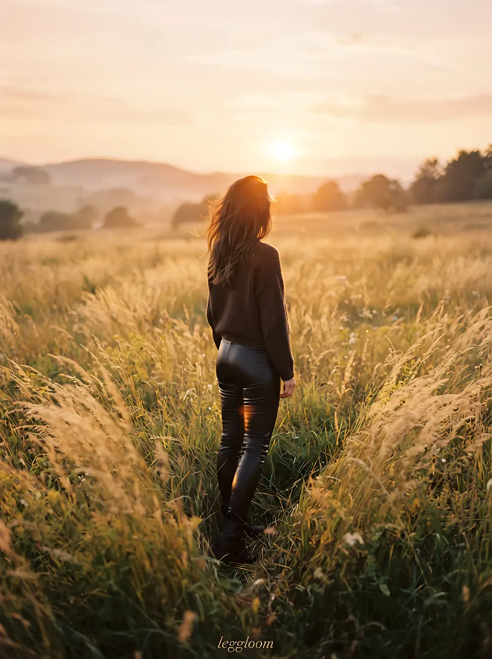 Woman walking through tall golden grass.