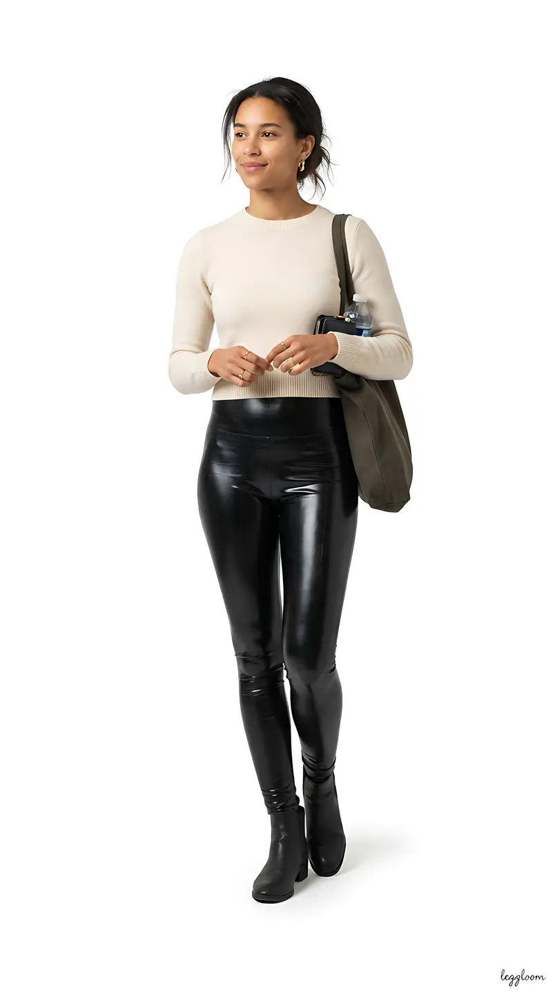 Woman in leather leggings carrying a bag in a studio.