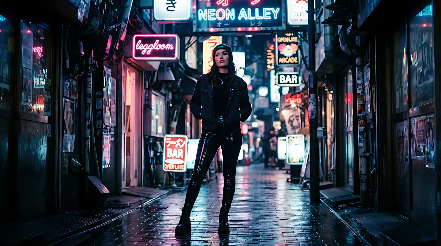 Figure walking a neon-signed alley after dark.