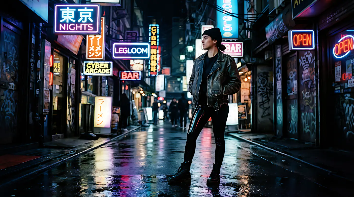 Figure on a neon-lit city street at night.