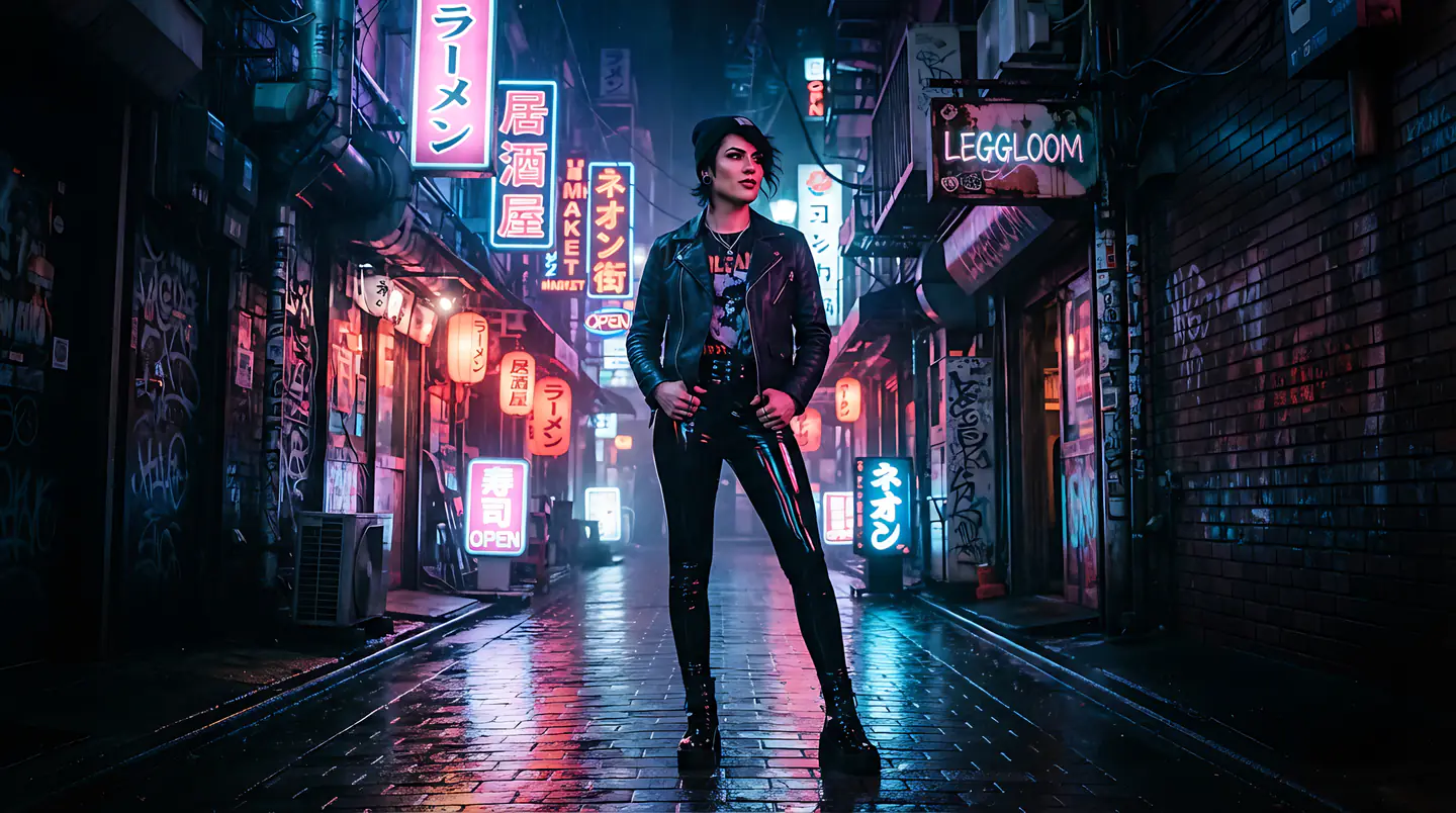 Figure beneath glowing signs in a narrow alley.
