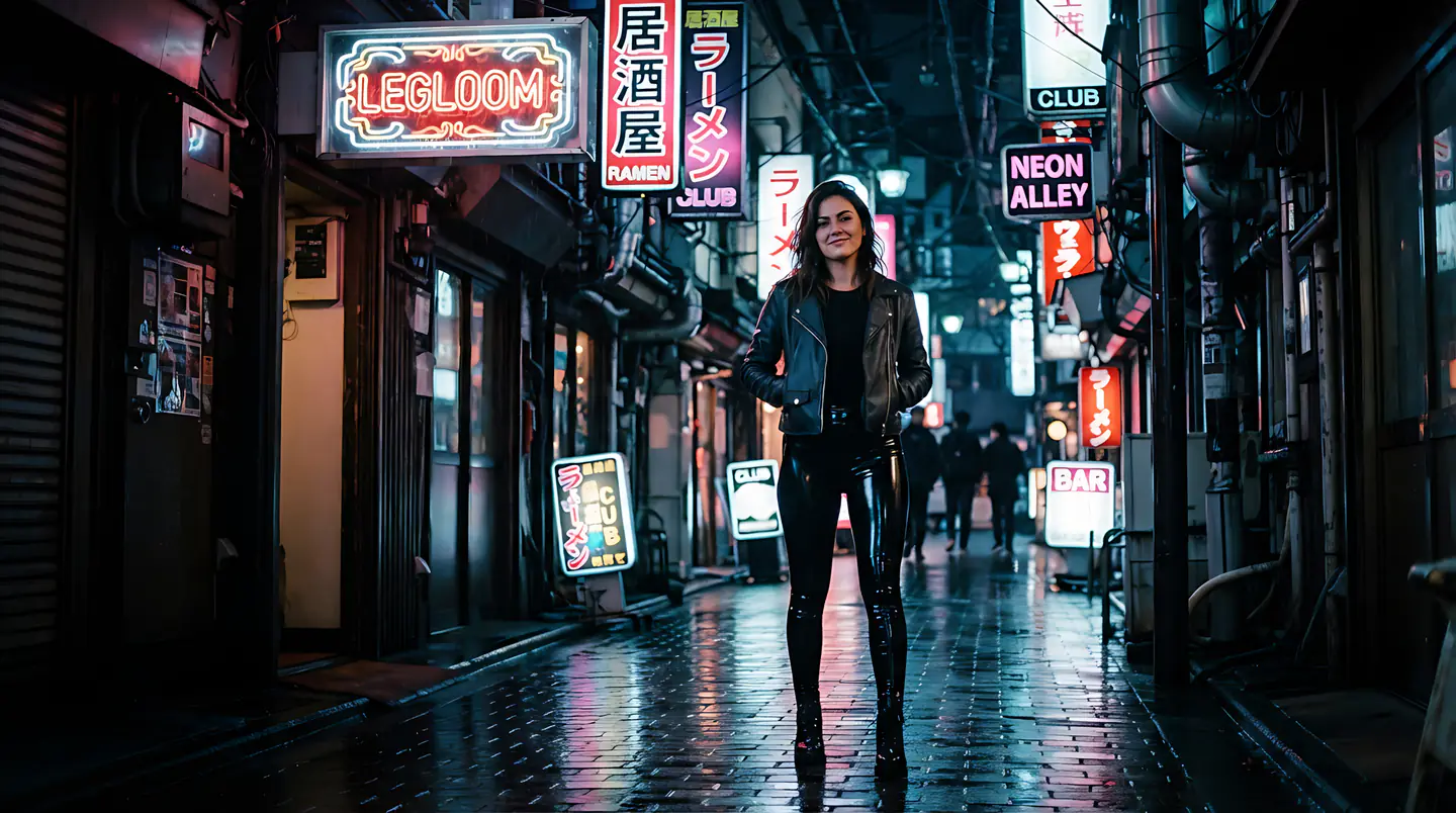 Figure standing in a neon-lit alley at night.