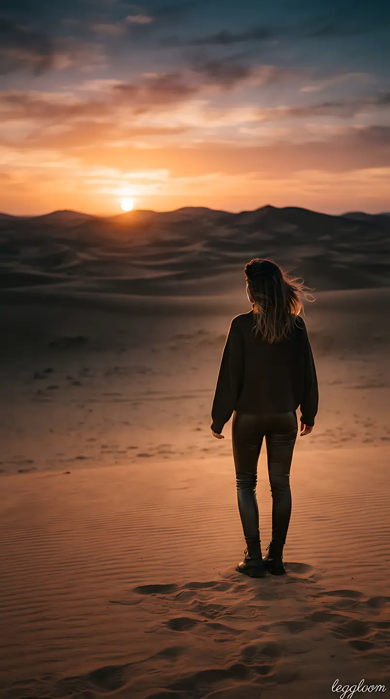 Figure walking across sand dunes in warm light.