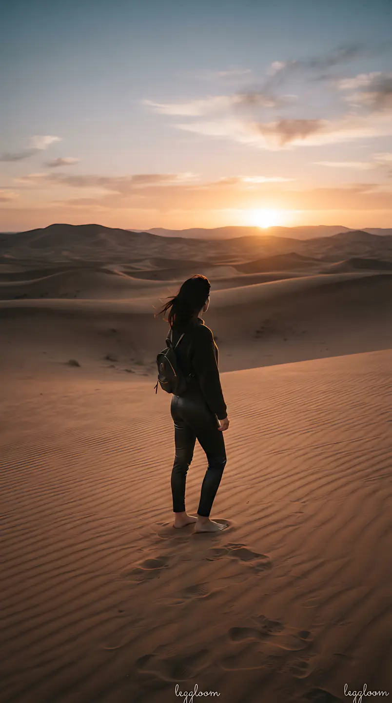 Figure standing on rippled desert sand.