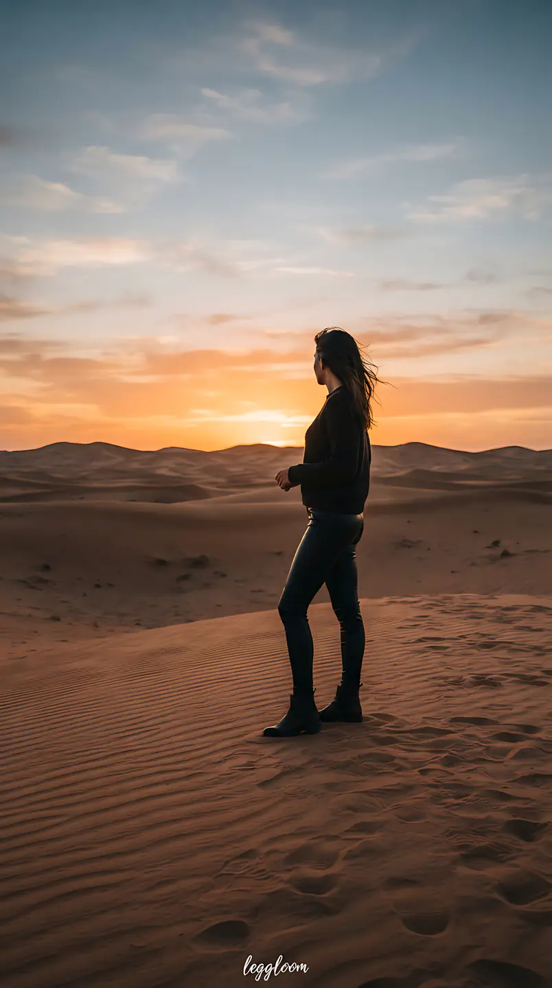 Figure on desert dunes as the sun sets.