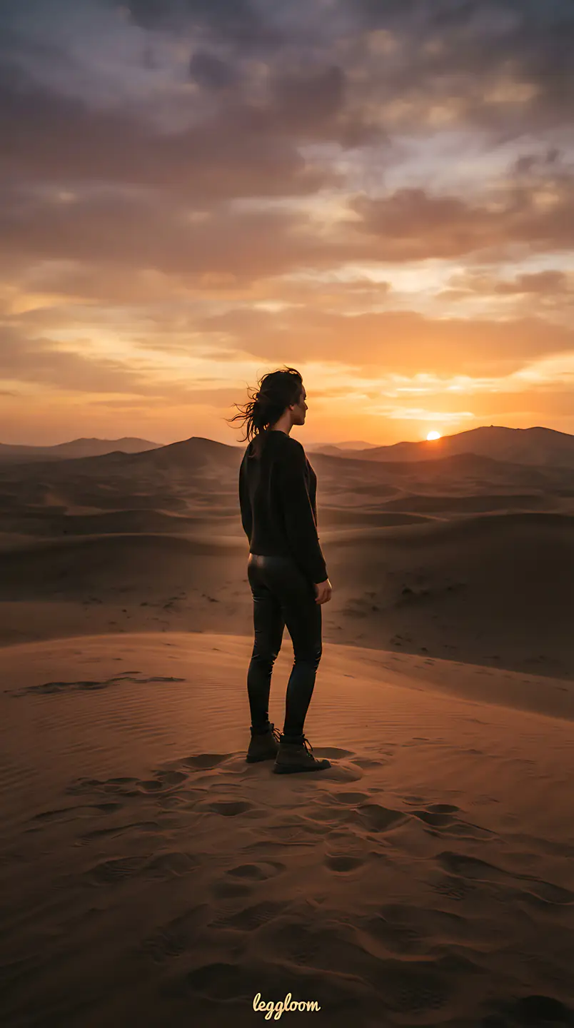 Figure standing on desert dunes at sunset.