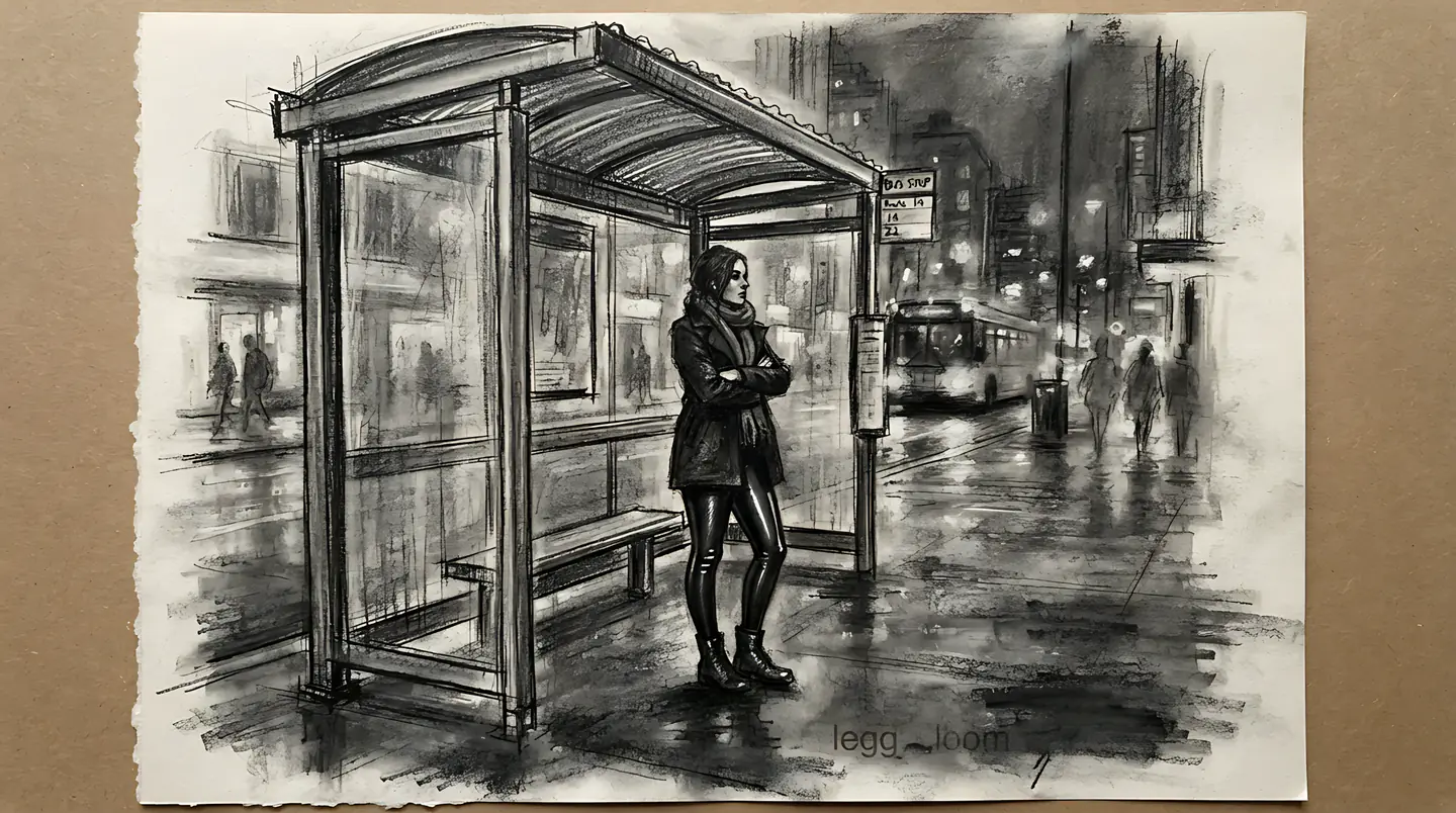 Sketch of a lone figure at a bus stop.