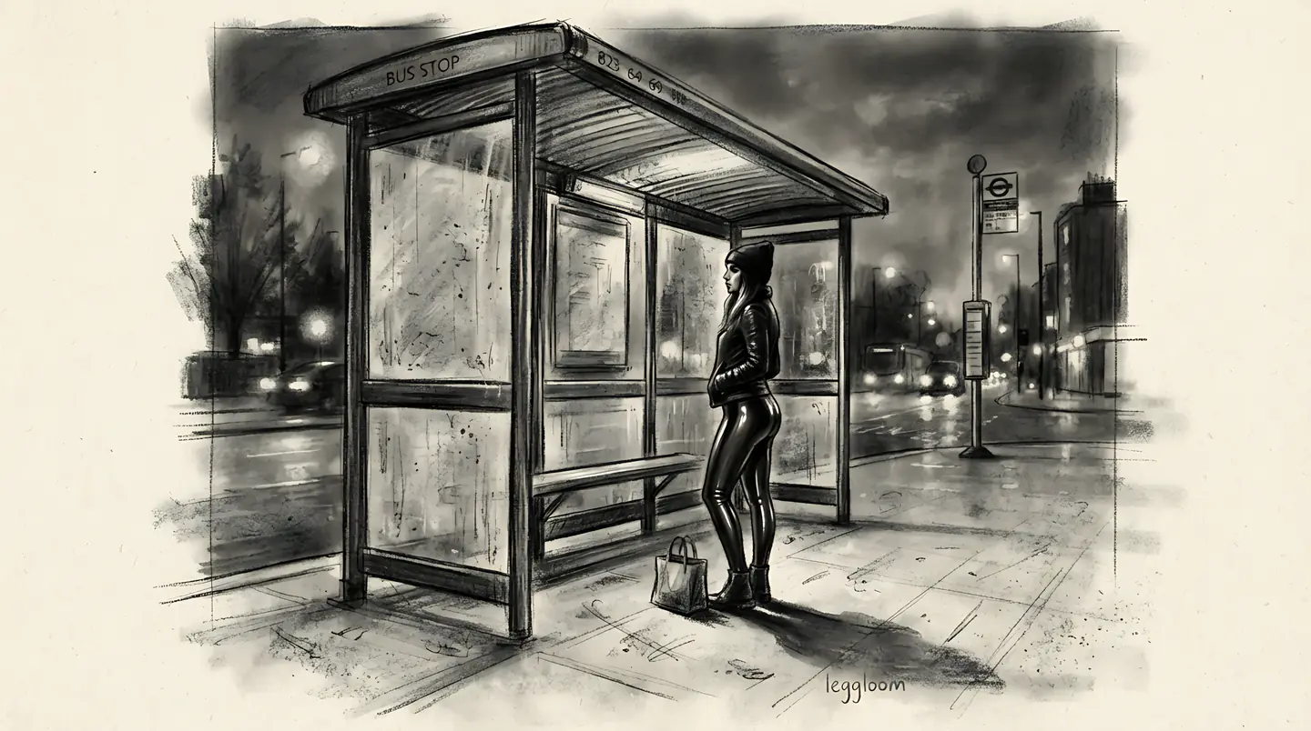 Pencil sketch of a figure waiting in a bus shelter.