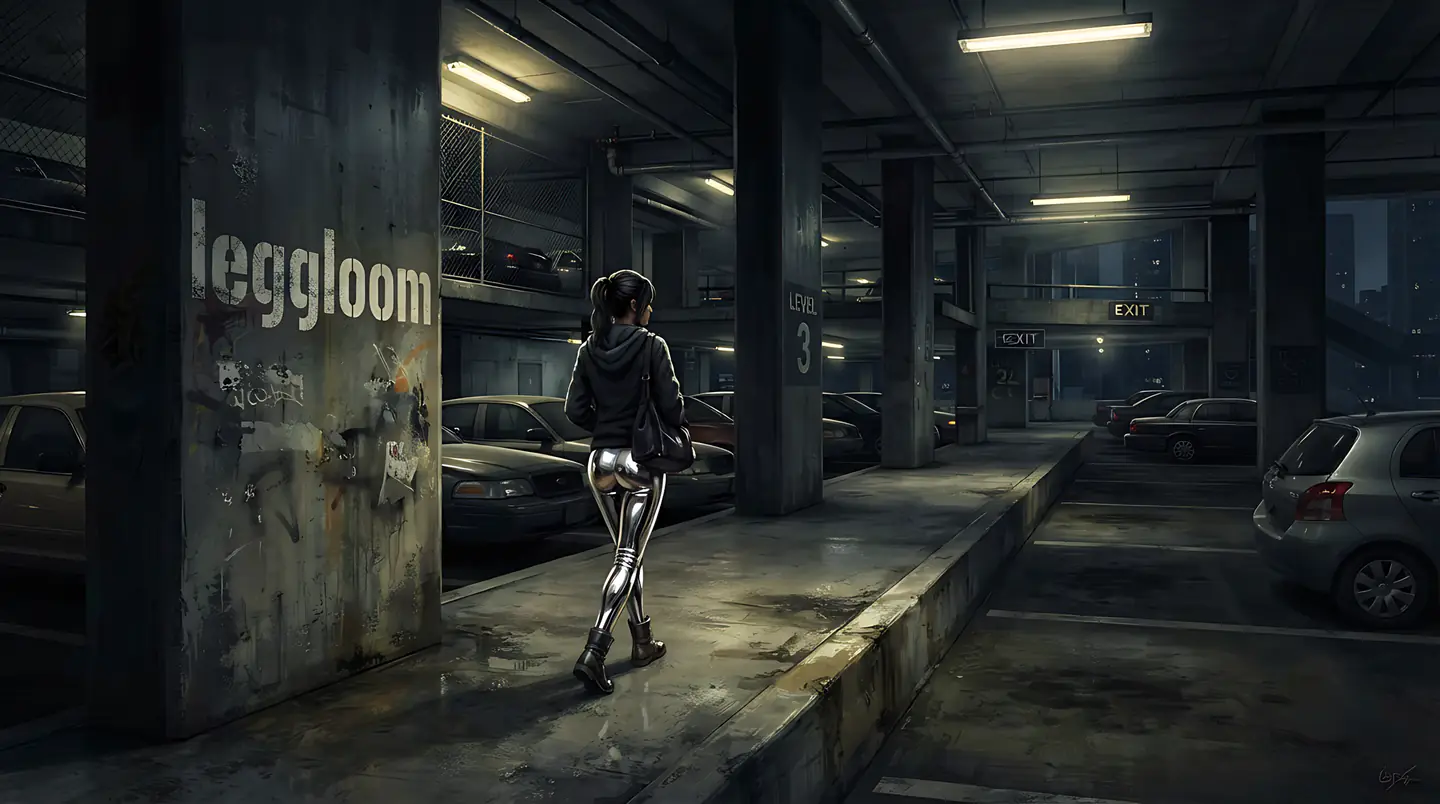 Person walking through a car park past leggloom signage.