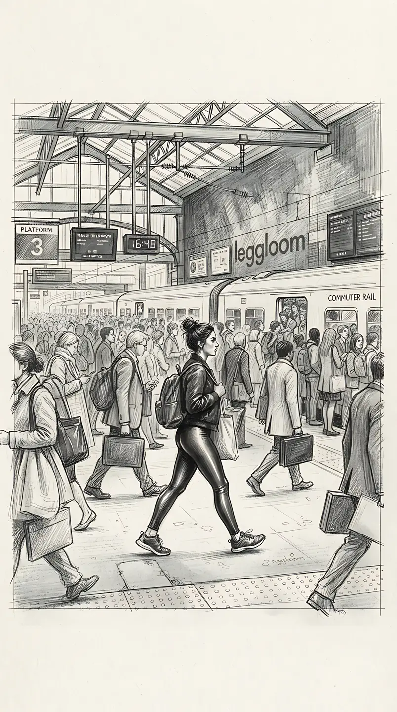 Sketch of figures walking past commuters in a station.