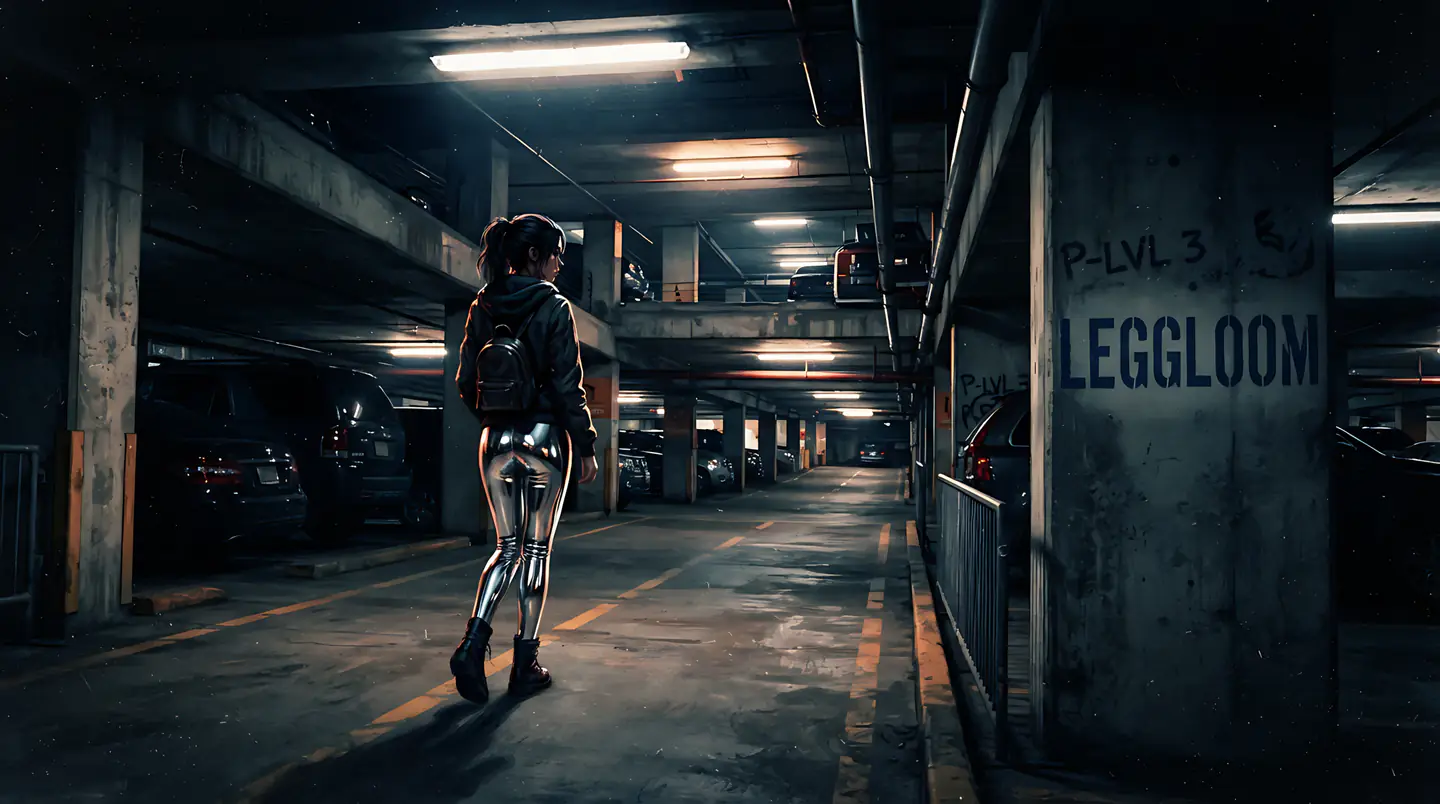 Person walking a car park beneath leggloom signage.