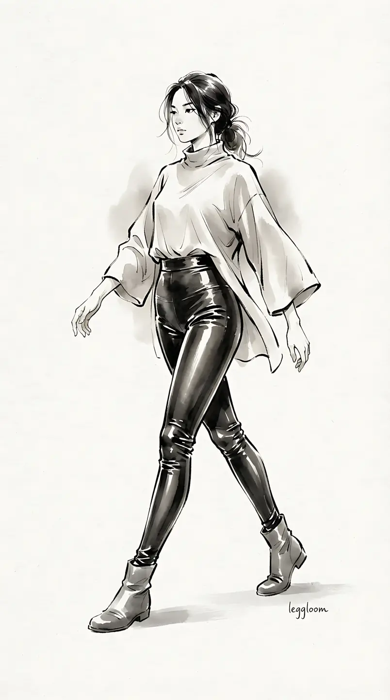 Loose illustration of a figure walking in leather leggings.