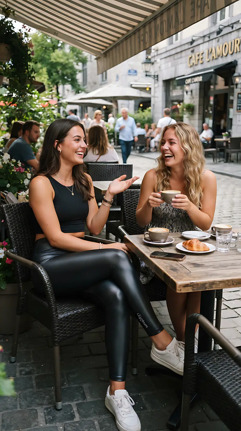 Two friends talking over drinks at a leafy sidewalk cafe.