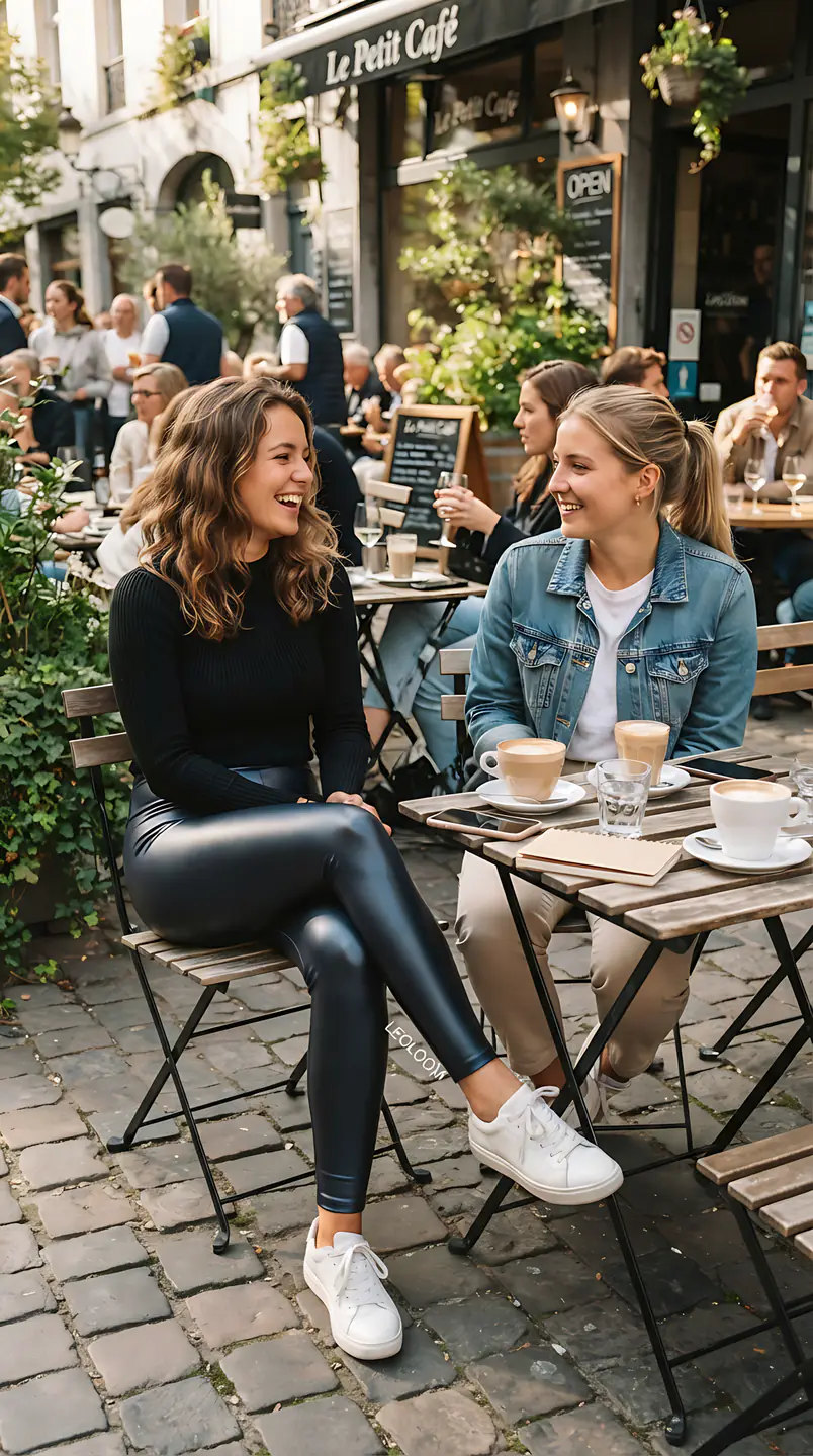 Two women chatting at a pavement cafe table on a cobbled street.