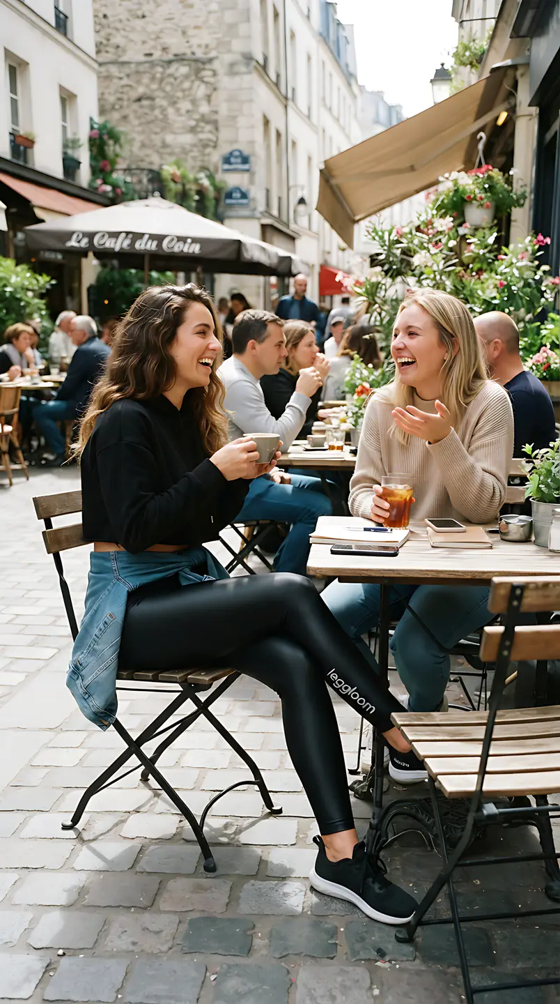 Friends sharing a table at a busy outdoor cafe in the sunshine.