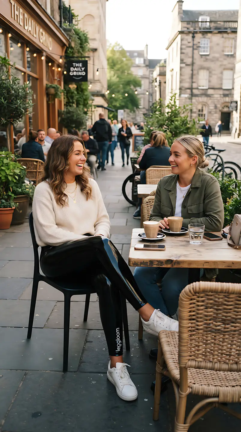 Two women chatting at a plant-filled outdoor cafe table.