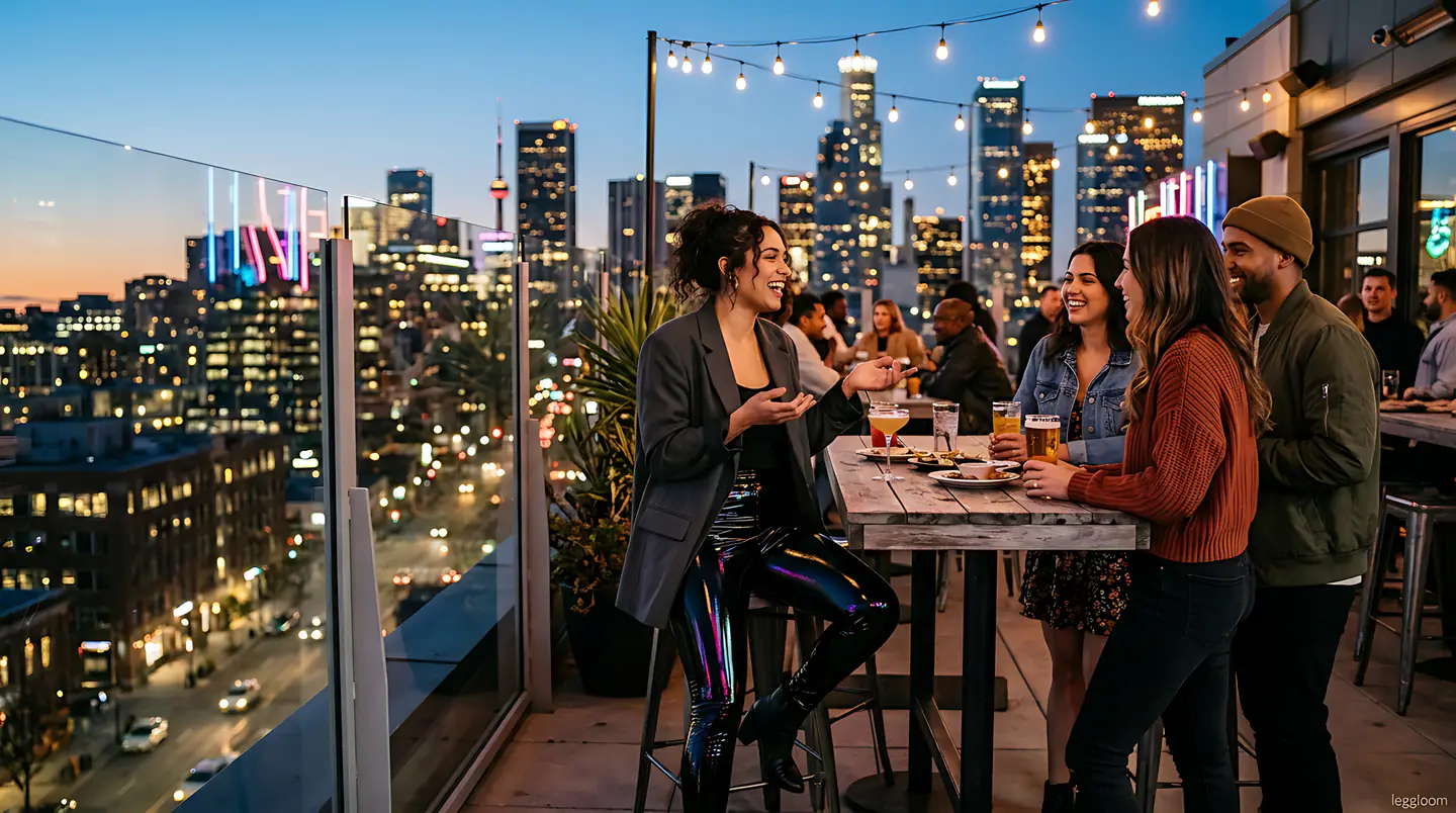 Friends gathered at a rooftop terrace at night with the city skyline glowing behind them.