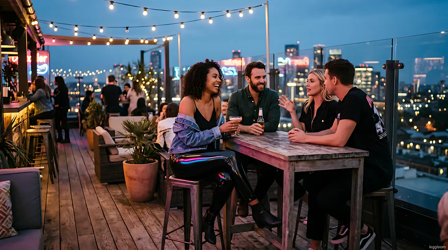 Friends chatting at a rooftop bar at dusk beneath string lights with a city skyline behind.