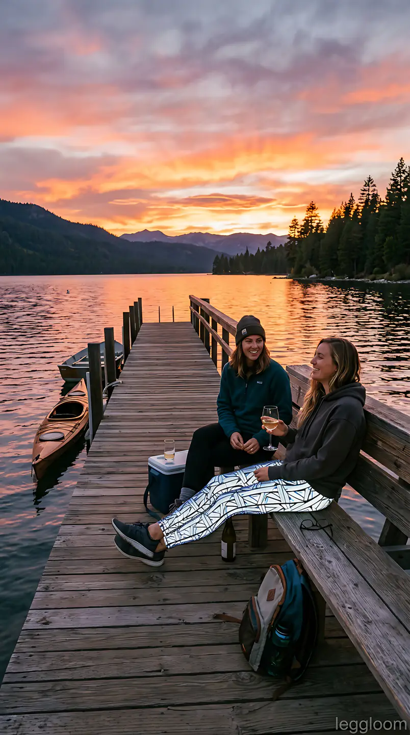 Two friends sitting on a wooden dock watching the sun set over a mountain lake.