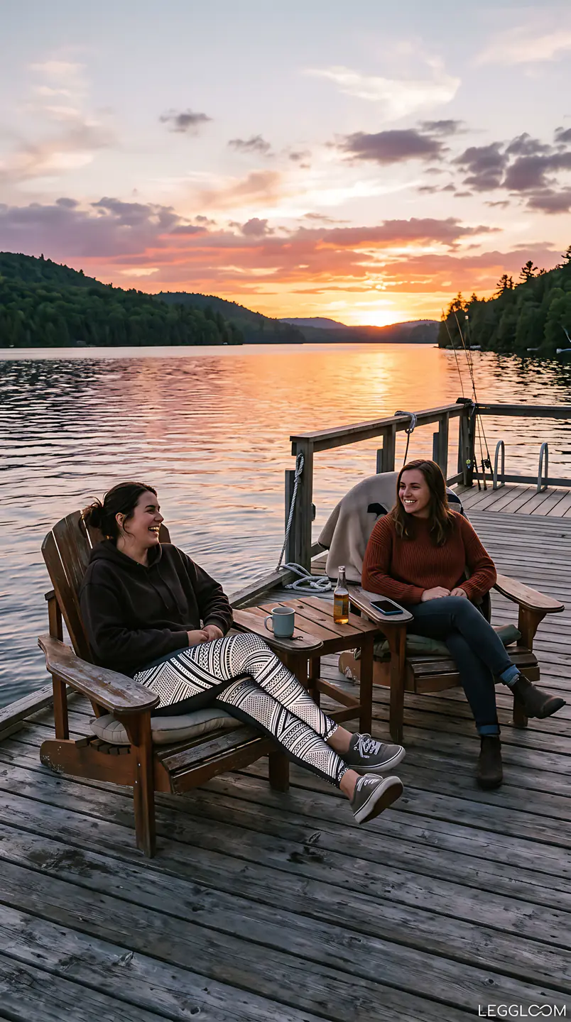 Two people lounging in deck chairs on a lake shore at golden hour.