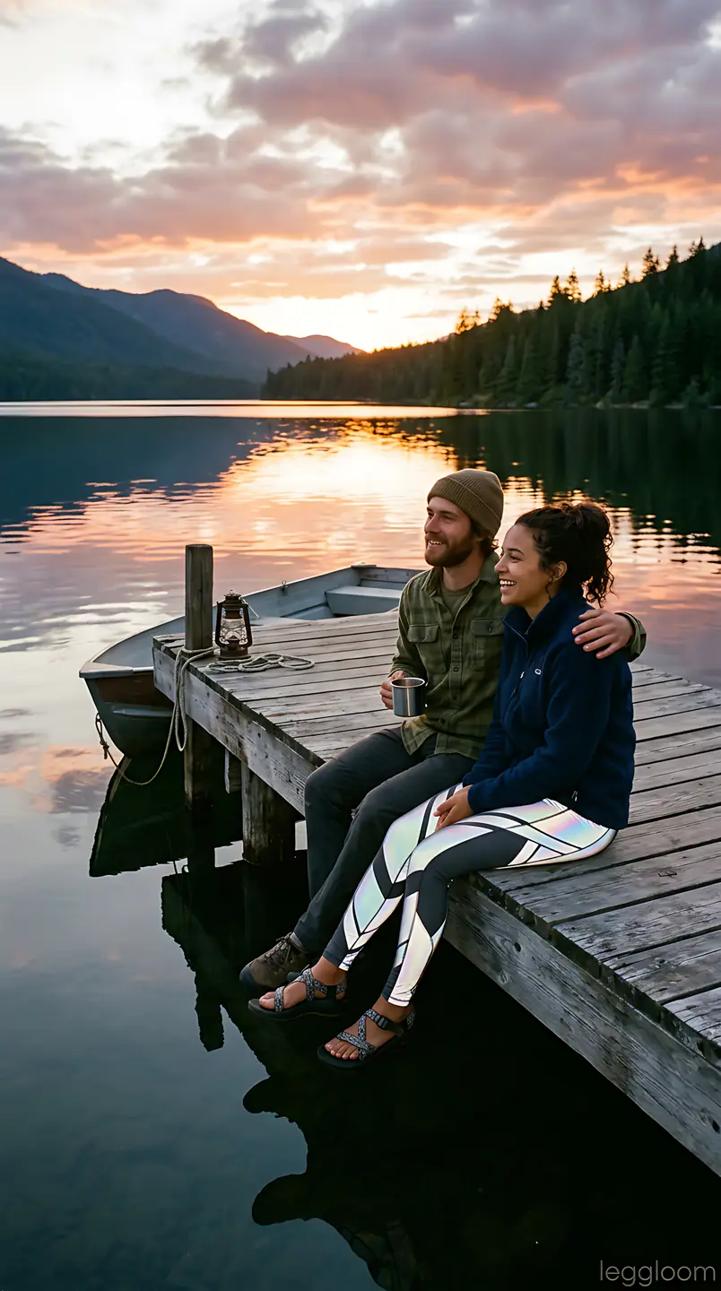 Couple resting on a jetty as dusk settles over a calm lake.