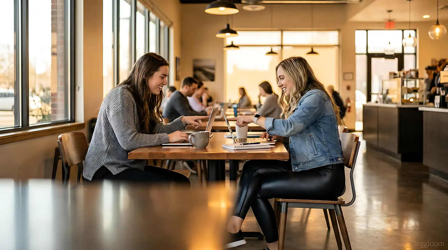 Two women working from a window table in a cafe, one typing on a laptop.