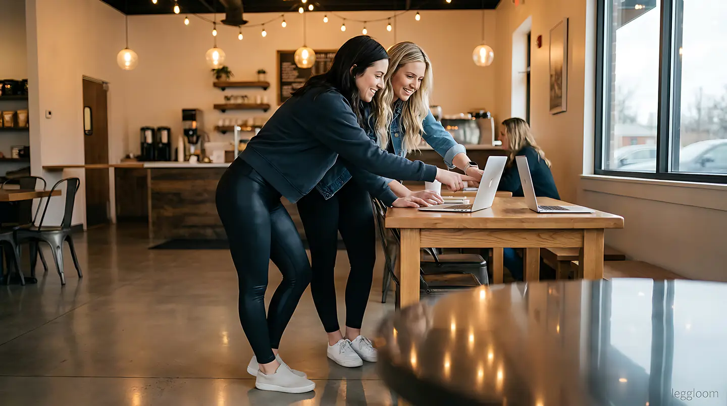 Two women standing at a cafe table working on laptops in a bright interior.