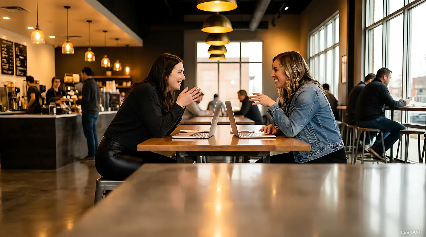Two people at a cafe table with a laptop and drinks in a warm, busy interior.