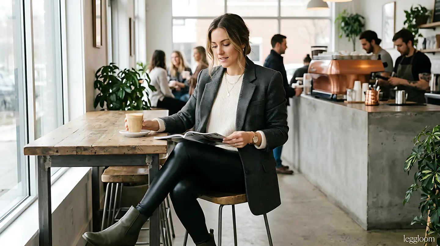 Woman in tailored outerwear and glossy leggings reading beside a coffee at a cafe table.
