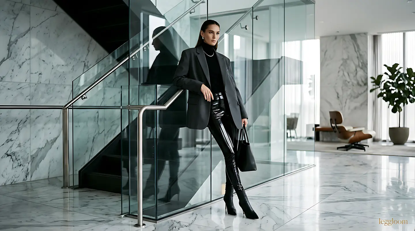 Woman in a blazer and glossy leggings walking down a marble and glass staircase in a luxury interior.
