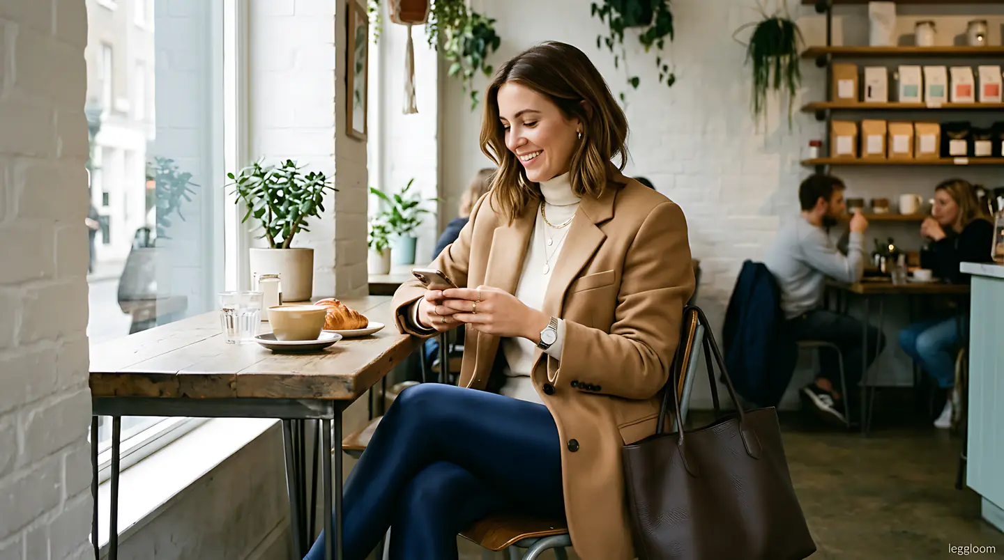 Woman in a tailored coat and glossy leggings checking her phone at a cafe window seat.