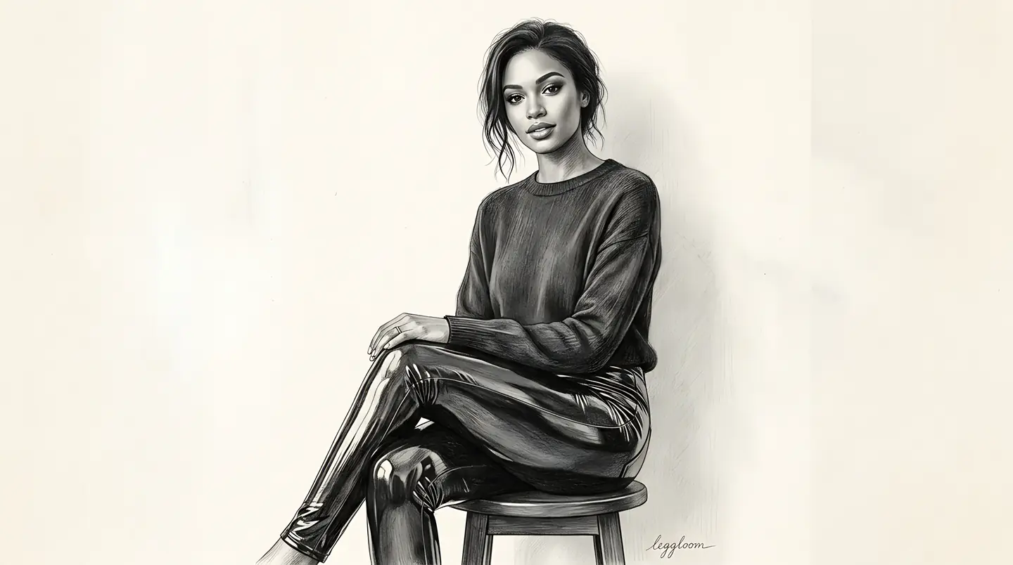 Graphite pencil portrait of a seated woman wearing glossy leggings on a plain background.
