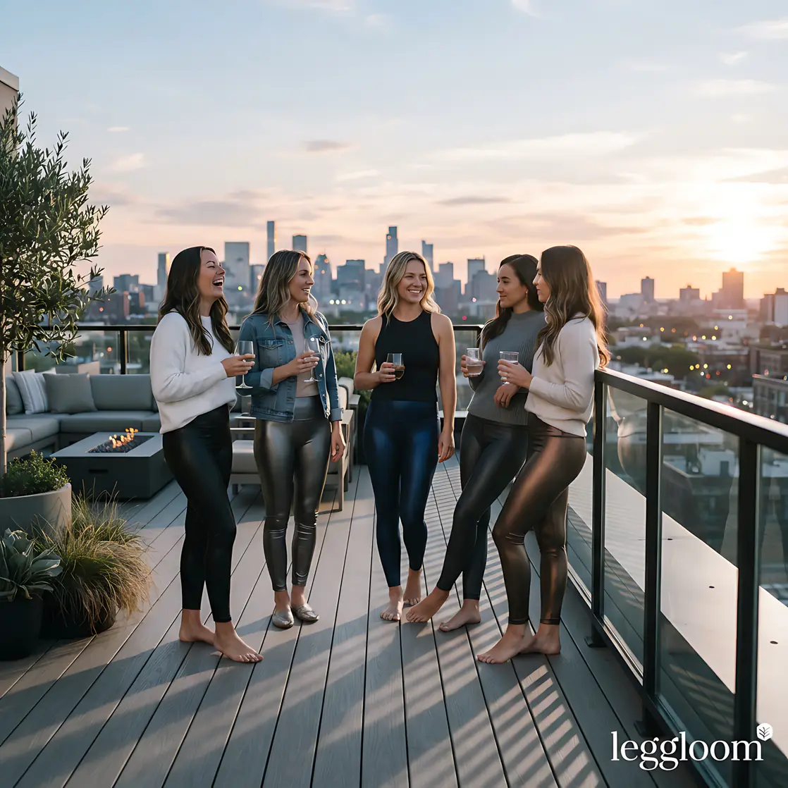 Friends chatting on a rooftop deck with the city skyline glowing behind them.