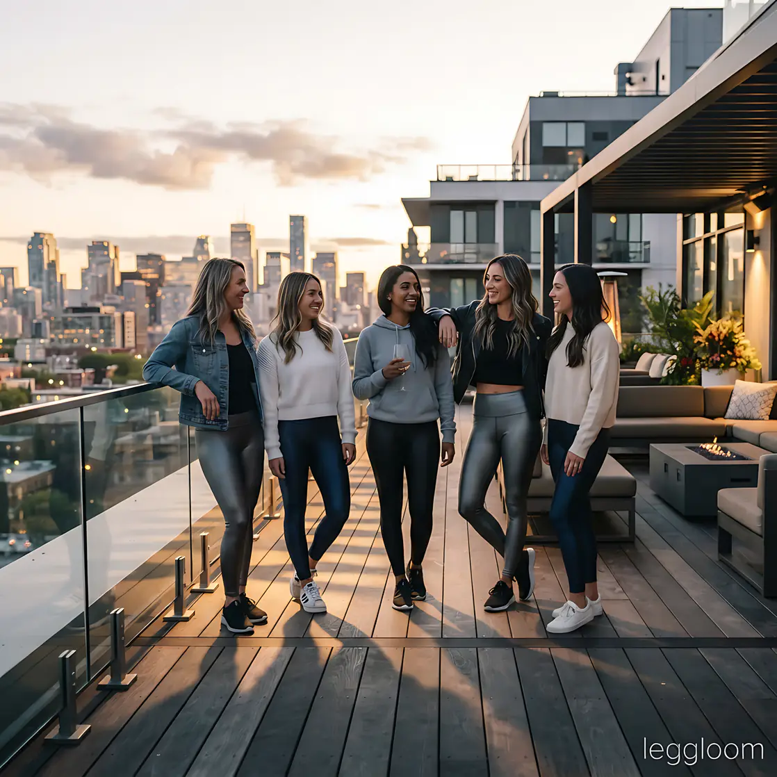 Group of friends gathered on a rooftop terrace above the city at sunset.