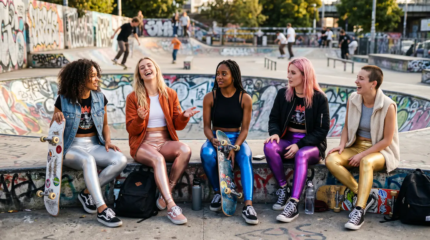 Friends in activewear resting together at a skatepark.