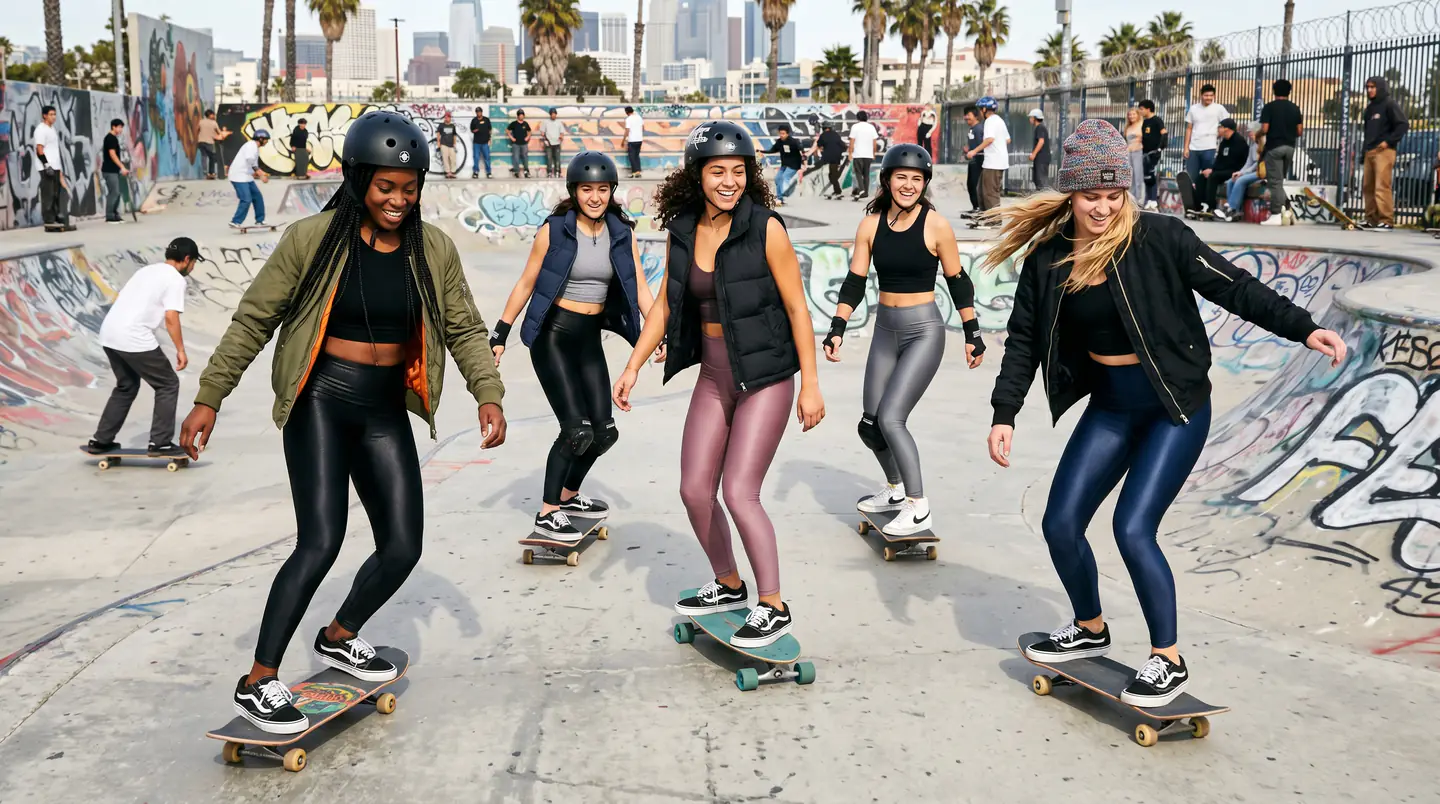 Group of friends skateboarding in leggings at an urban skatepark.