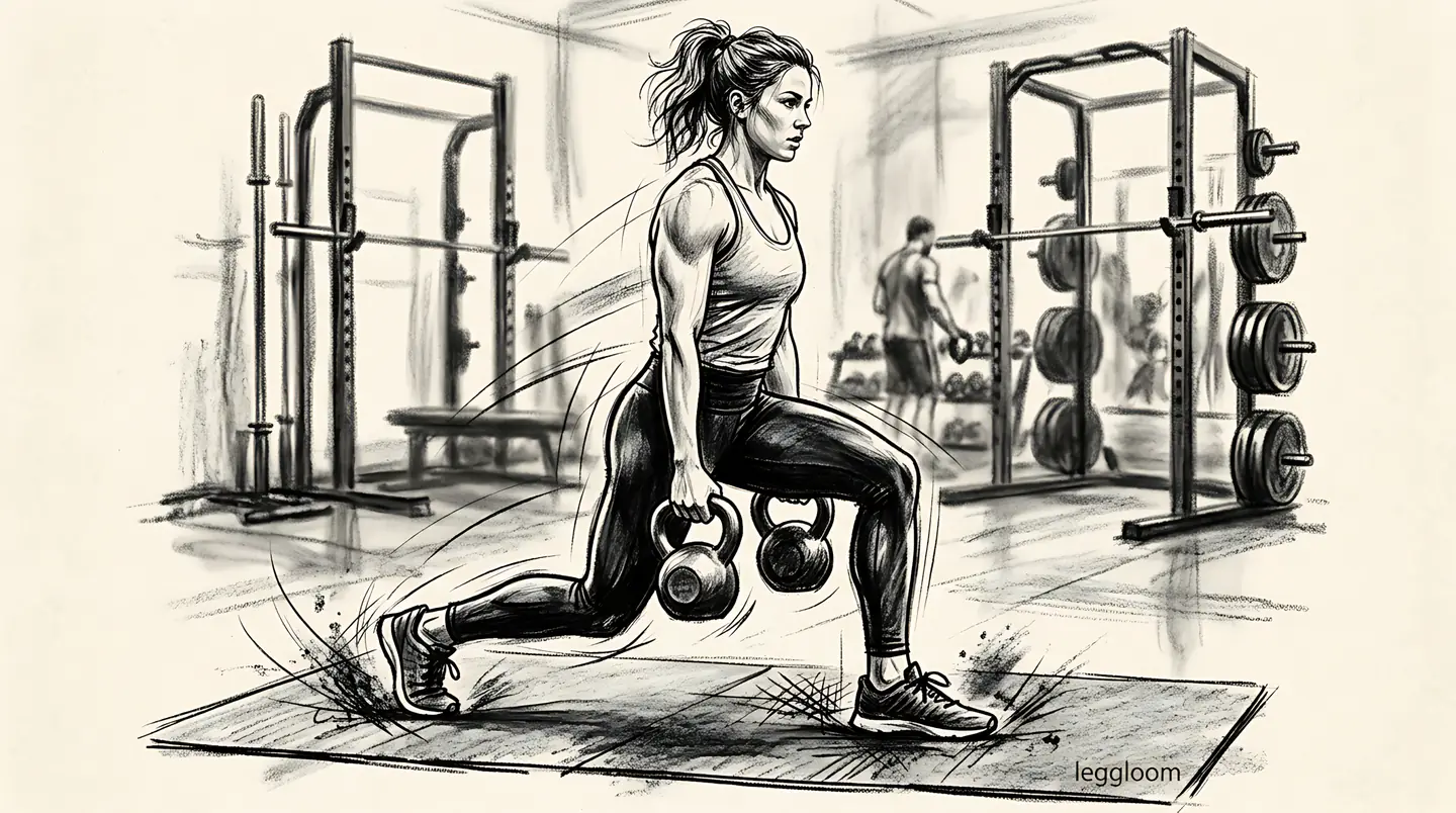 Monochrome sketch of a woman performing a dumbbell split squat in a gym.