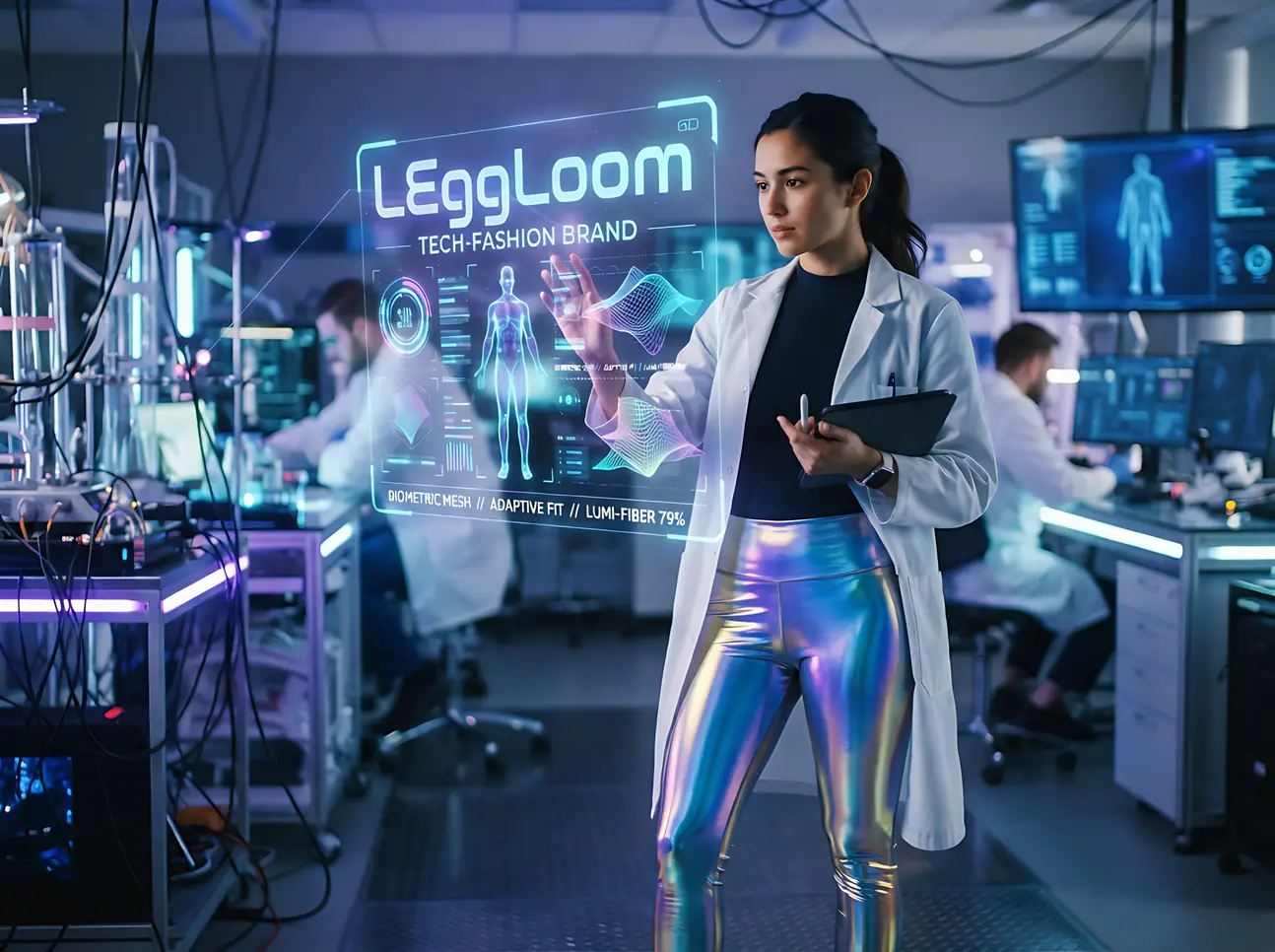 Woman interacting with holographic interfaces in a lab.