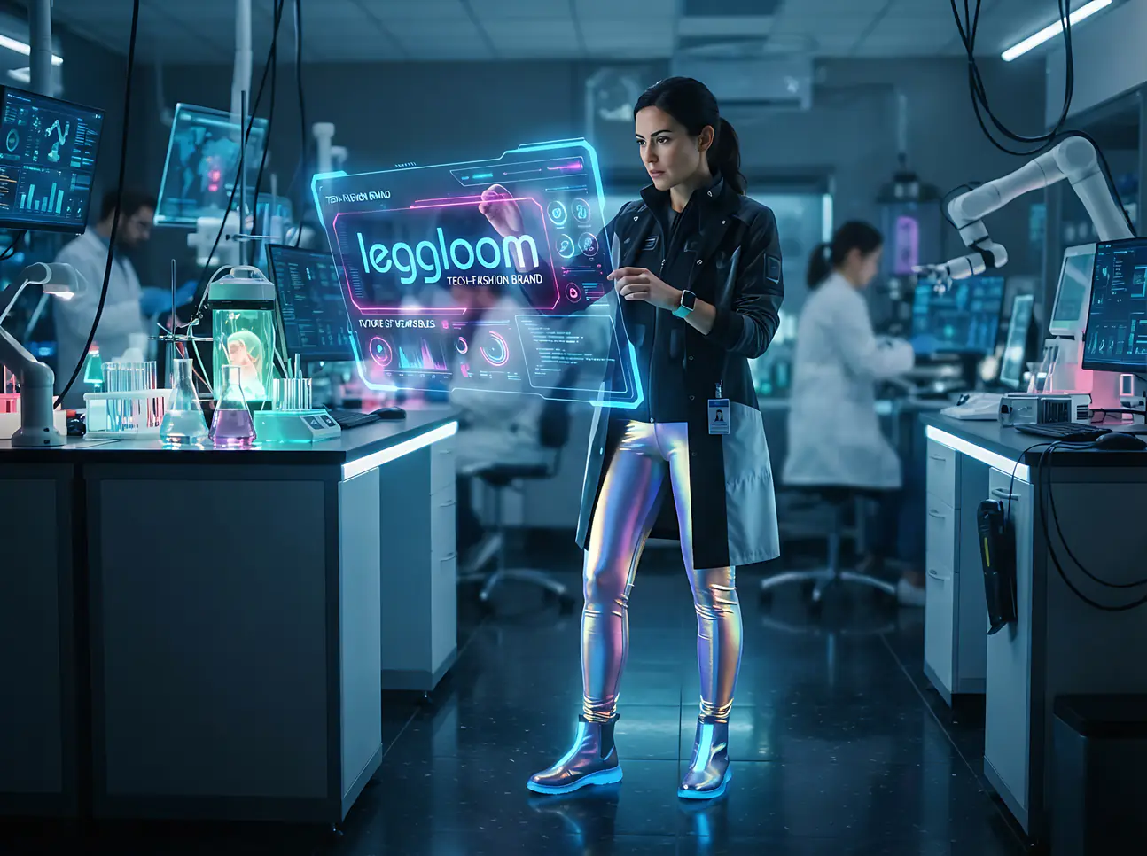 Woman working among holographic screens in a technology lab.