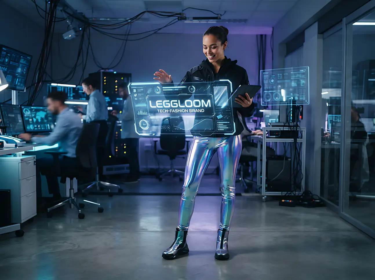 Holographic projections surrounding a figure in a laboratory.